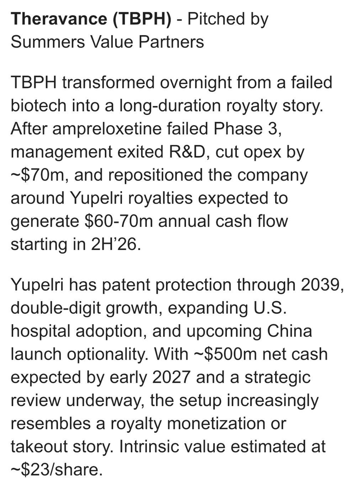 TBPH Trial Fails, yet Cash Flow Fuels 40% Upside