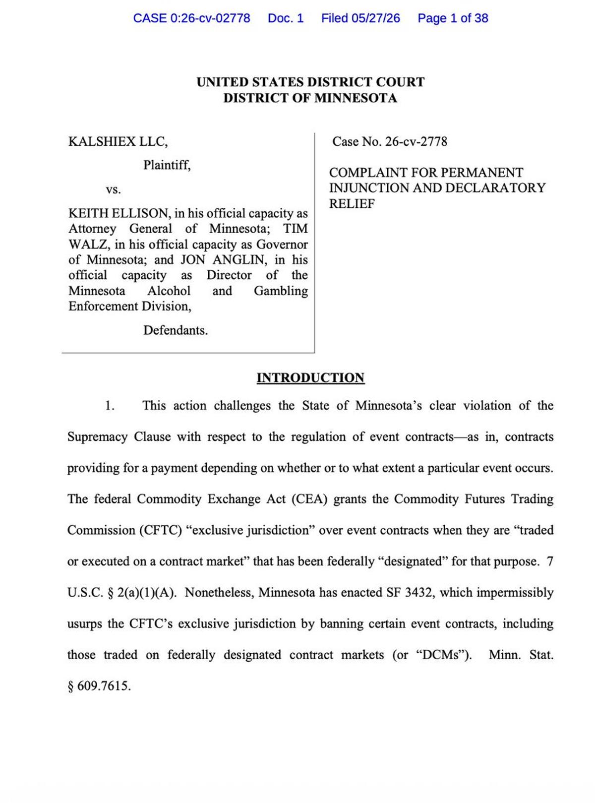 Kalshi Sues Minnesota, Seeks Injunction Against Prediction Market Ban