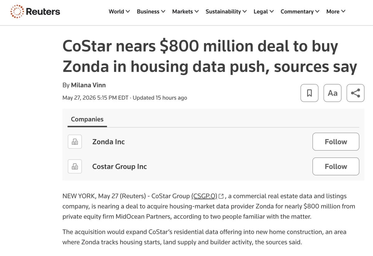 CoStar Poised to Acquire Homebuilding Data Firm Zonda