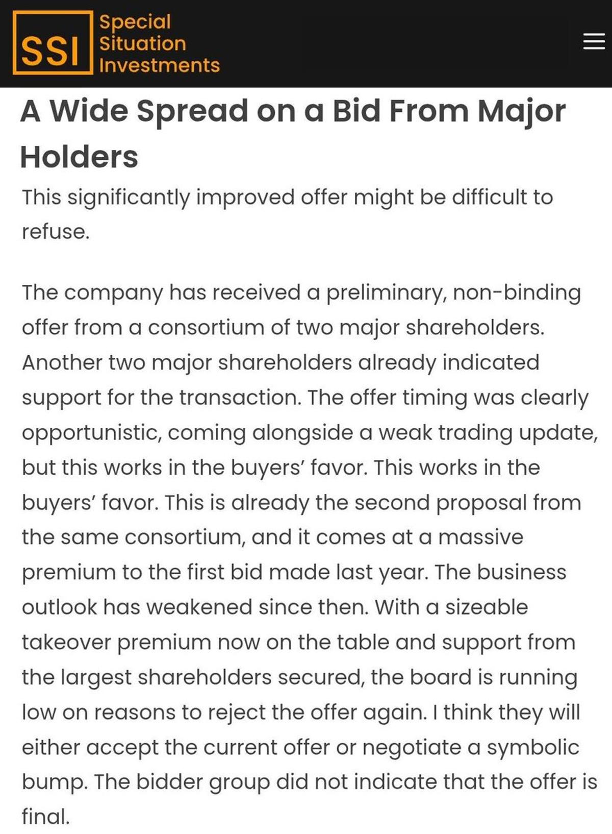 Major Holders Back Improved Bid, Board Has Little Choice