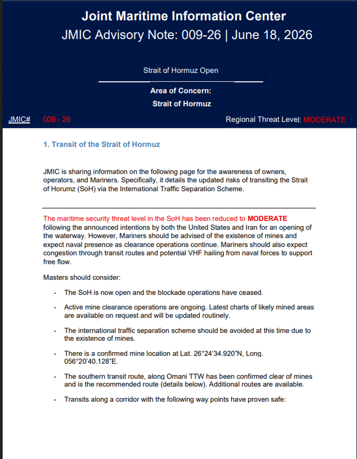 Strait of Hormuz Open; Southern Route Confirmed Mine‑Free