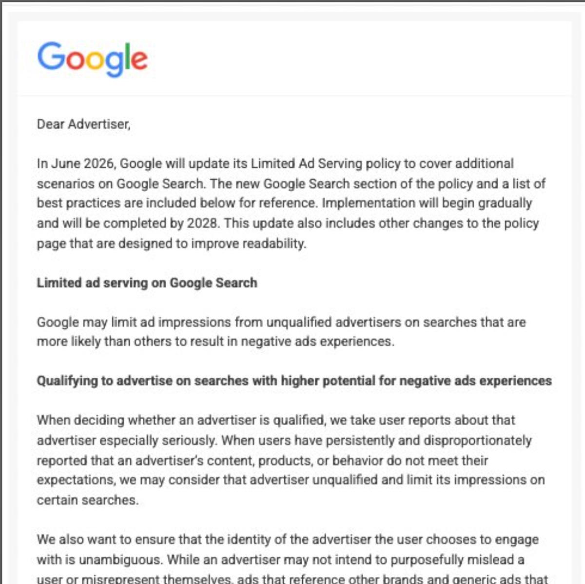 Google Expands Limited Ad Serving Policy on Search