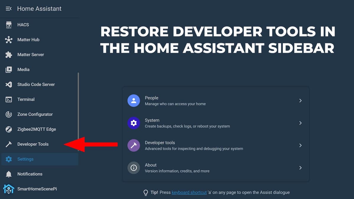 How to Restore Developer Tools in Home Assistant Sidebar