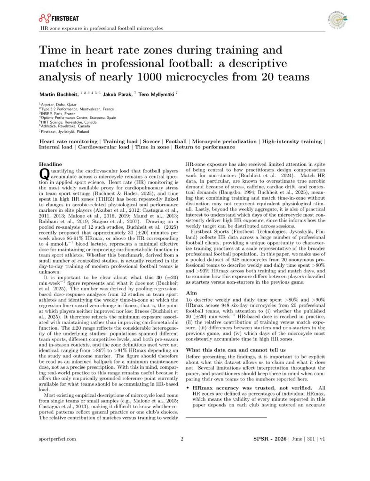 Time in Heart Rate Zones During Training and Matches in Professional Football: A Descriptive Analysis of Nearly 1000 Microcycles From...