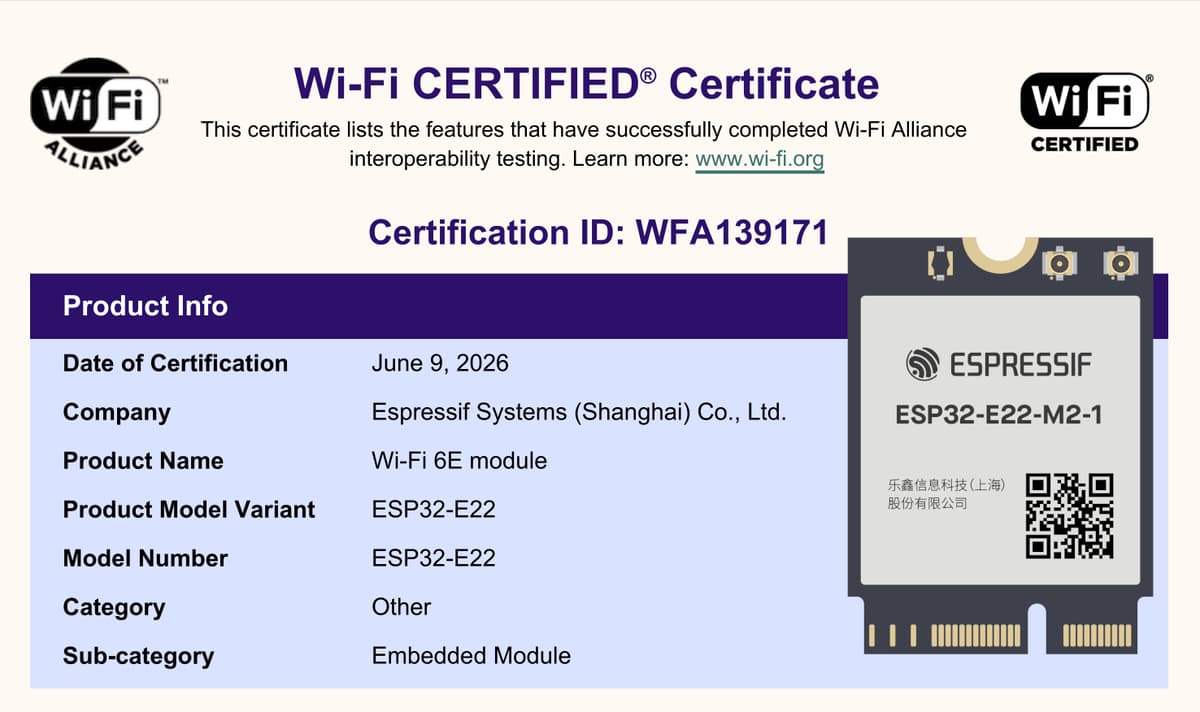 Espressif ESP32-E22 WiFi 6E Module Gets Wi-Fi CERTIFIED Certificate, Open-Source WiFi and Bluetooth Linux Drivers