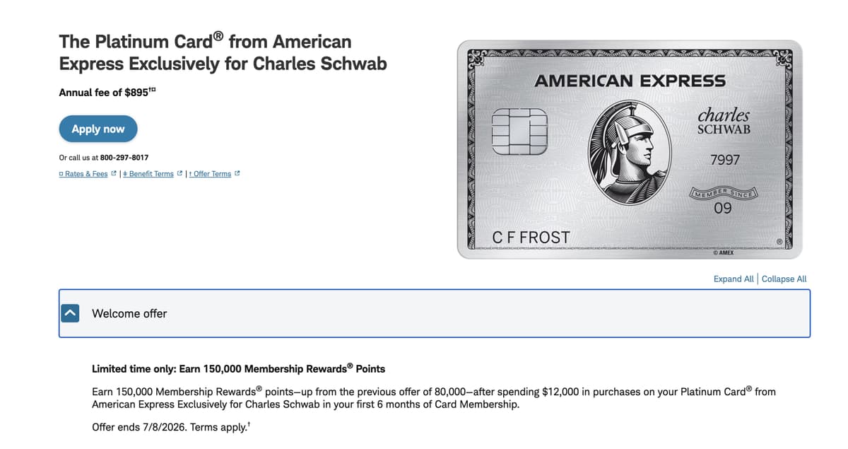 American Express Charles Schwab & Morgan Stanley Platinum 150,000 Points Bonus
