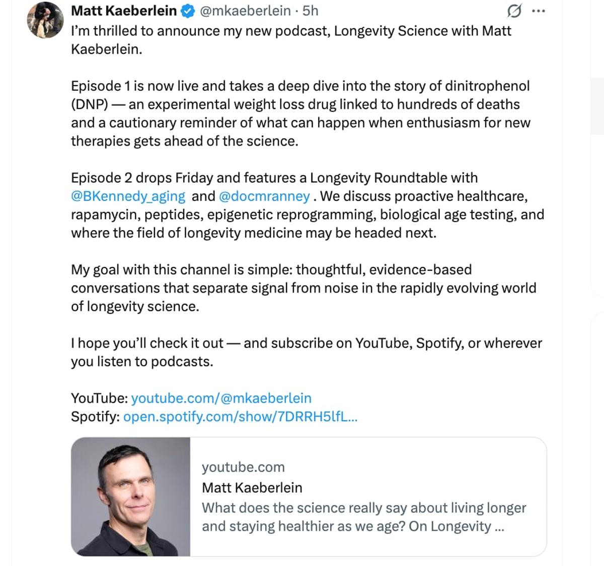 Matt Kaeberlein's New Longevity Science Podcast / Youtube Channel (May, 2026)