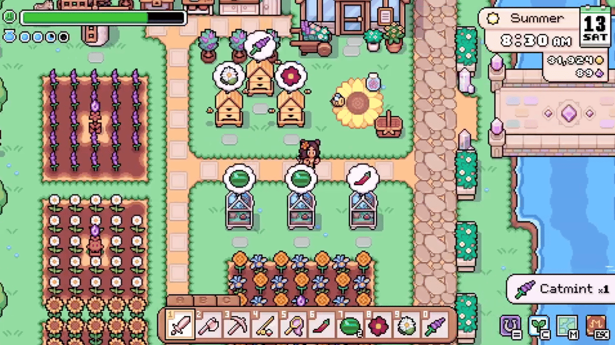 Fields of Mistria Bee Apiaries, Terrariums, and Auto-Feeders Shown