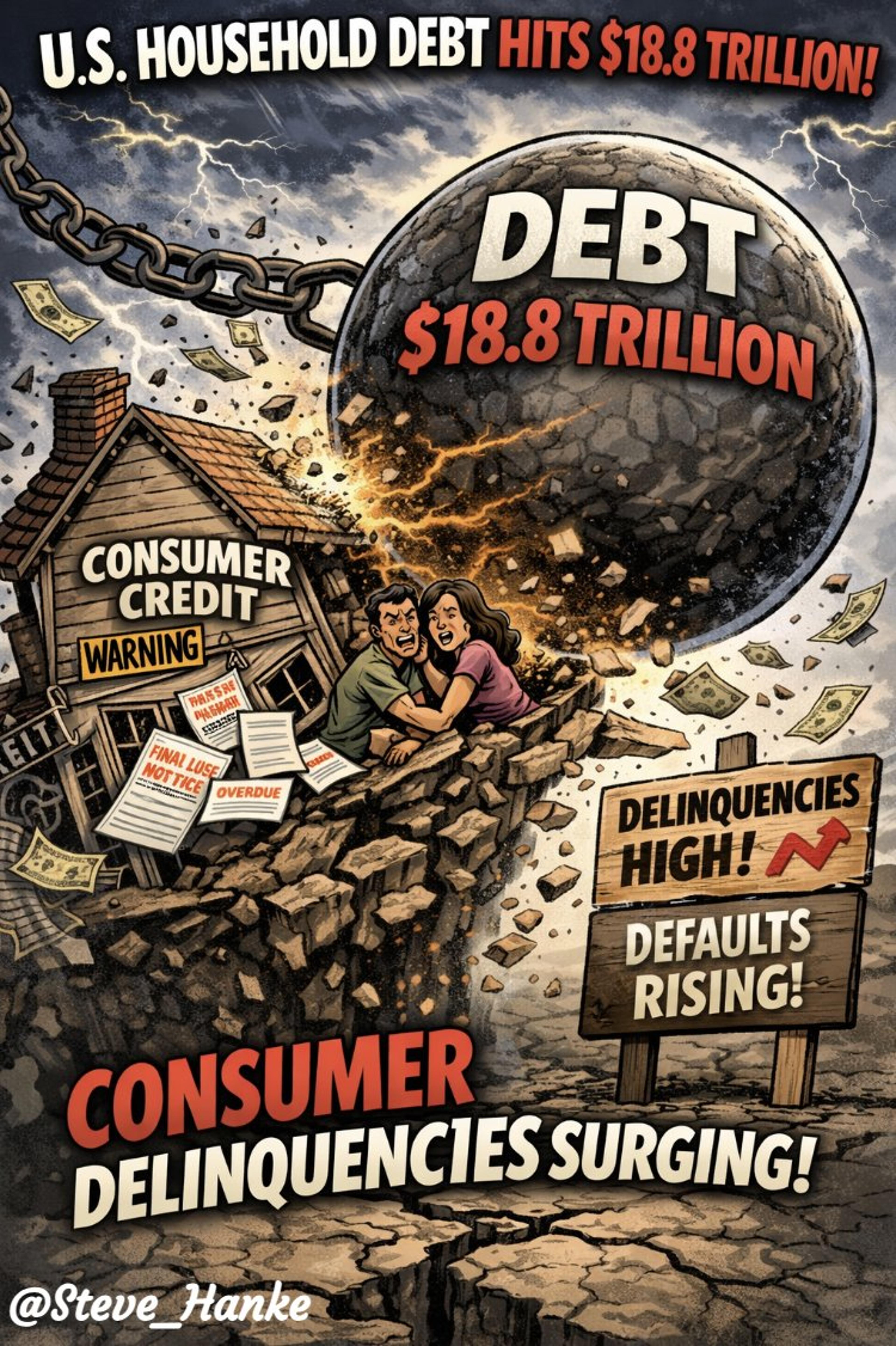 US Household Debt Peaks at $18.8T, Delinquencies Surge